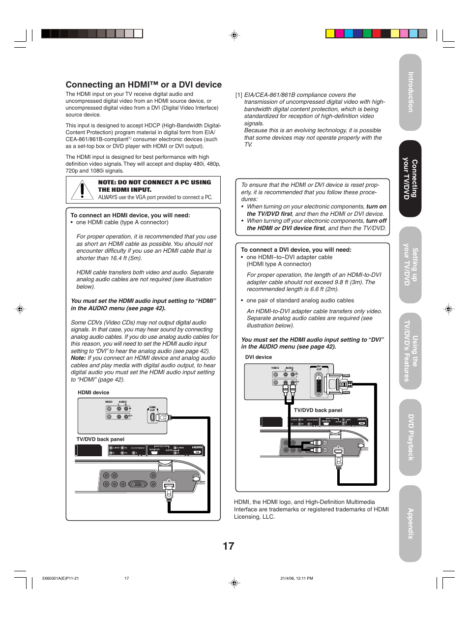Connecting an hdmi™ or a dvi device, Connecting your tv/dvd | Toshiba Lcd TV/DVD Combination 23HLV86 User Manual | Page 17 / 68