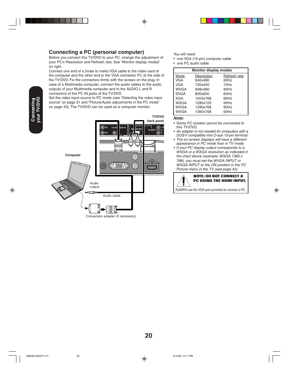 Connecting a pc (personal computer) | Toshiba Lcd TV/DVD Combination 23HLV86 User Manual | Page 20 / 68