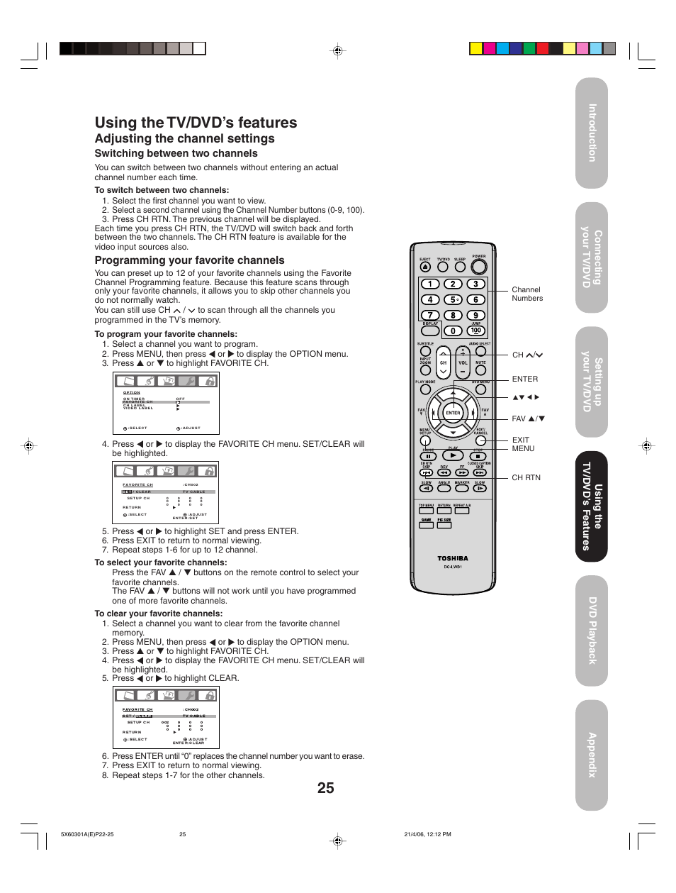 Using the tv/dvd’s features, Adjusting the channel settings, Programming your favorite channels | Switching between two channels, Using the tv/d vd’ s features | Toshiba Lcd TV/DVD Combination 23HLV86 User Manual | Page 25 / 68