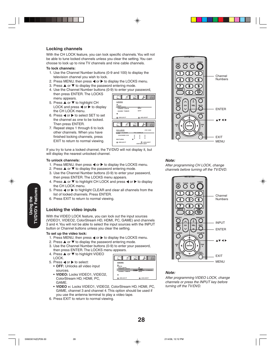 Locking the video inputs, Locking channels, Using the tv/d vd’ s features | Toshiba Lcd TV/DVD Combination 23HLV86 User Manual | Page 28 / 68