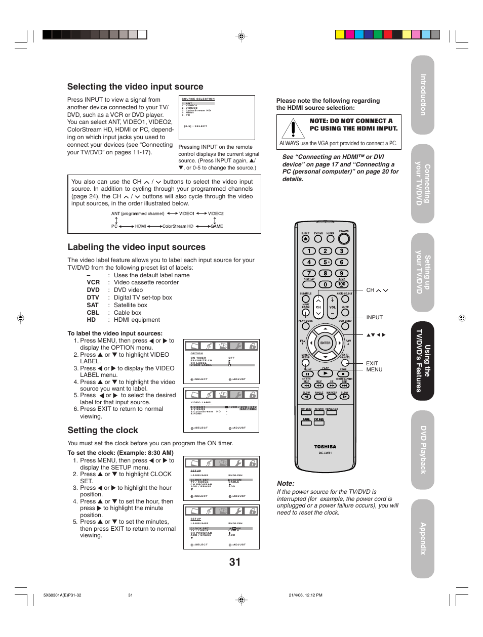 Setting the clock, Selecting the video input source, Labeling the video input sources | Using the tv/d vd’ s features | Toshiba Lcd TV/DVD Combination 23HLV86 User Manual | Page 31 / 68