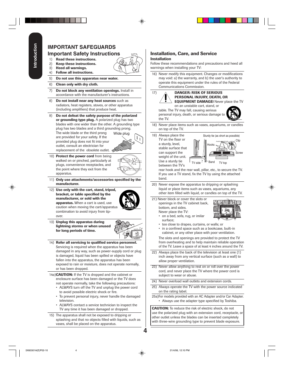 Important safeguards important safety instructions, Installation, care, and service | Toshiba Lcd TV/DVD Combination 23HLV86 User Manual | Page 4 / 68