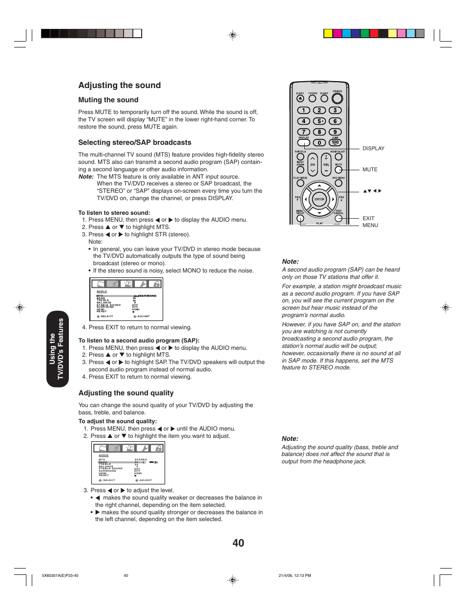 Adjusting the sound, Muting the sound, Selecting stereo/sap broadcasts | Toshiba Lcd TV/DVD Combination 23HLV86 User Manual | Page 40 / 68