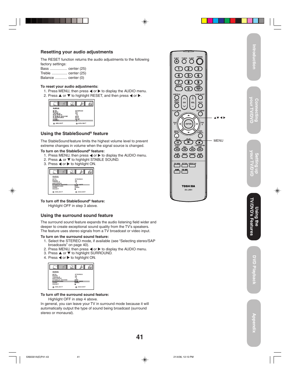 Feature, Resetting your audio adjustments, Using the surround sound feature | The stablesound, Feature: highlight off in step 3 above | Toshiba Lcd TV/DVD Combination 23HLV86 User Manual | Page 41 / 68