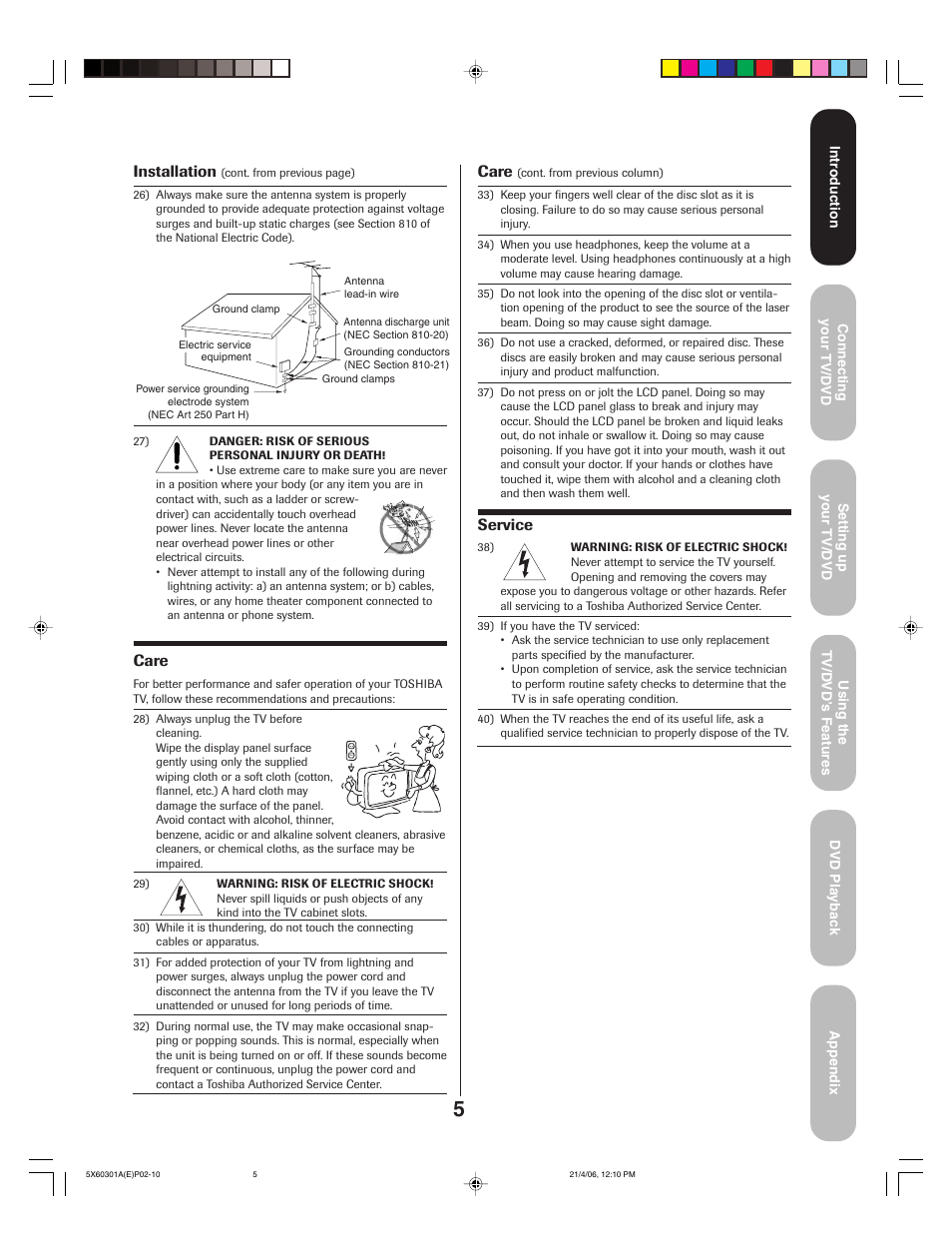 Service, Installation, Care | Toshiba Lcd TV/DVD Combination 23HLV86 User Manual | Page 5 / 68