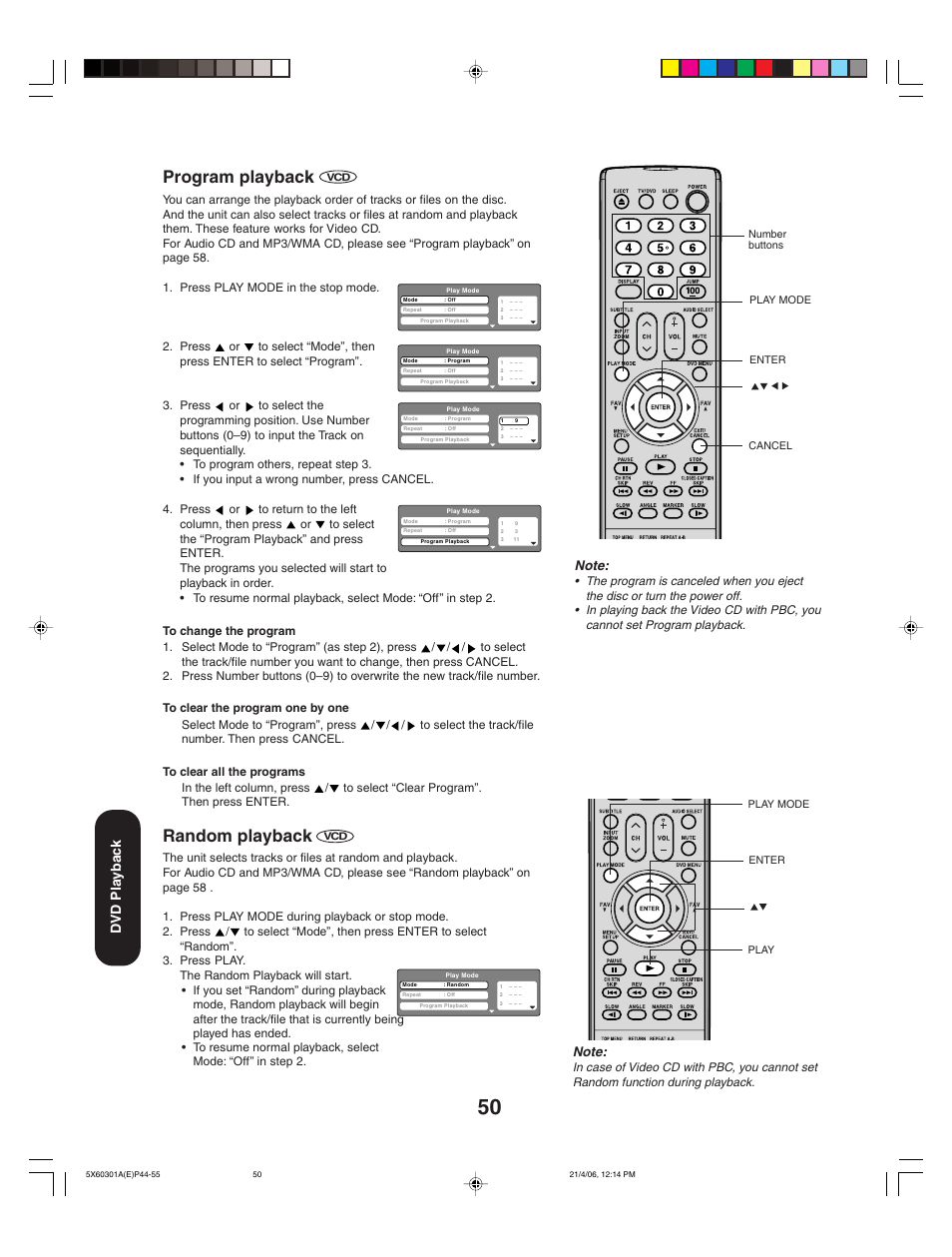 Program playback, Random playback, Dvd pla ybac k | Toshiba Lcd TV/DVD Combination 23HLV86 User Manual | Page 50 / 68