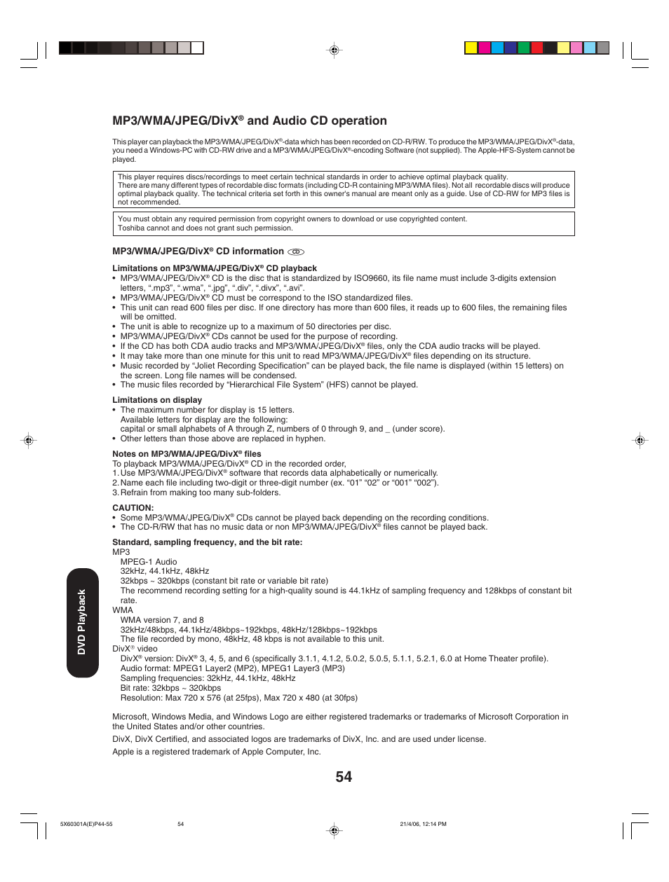 Mp3/wma/jpeg/divx, And audio cd operation | Toshiba Lcd TV/DVD Combination 23HLV86 User Manual | Page 54 / 68