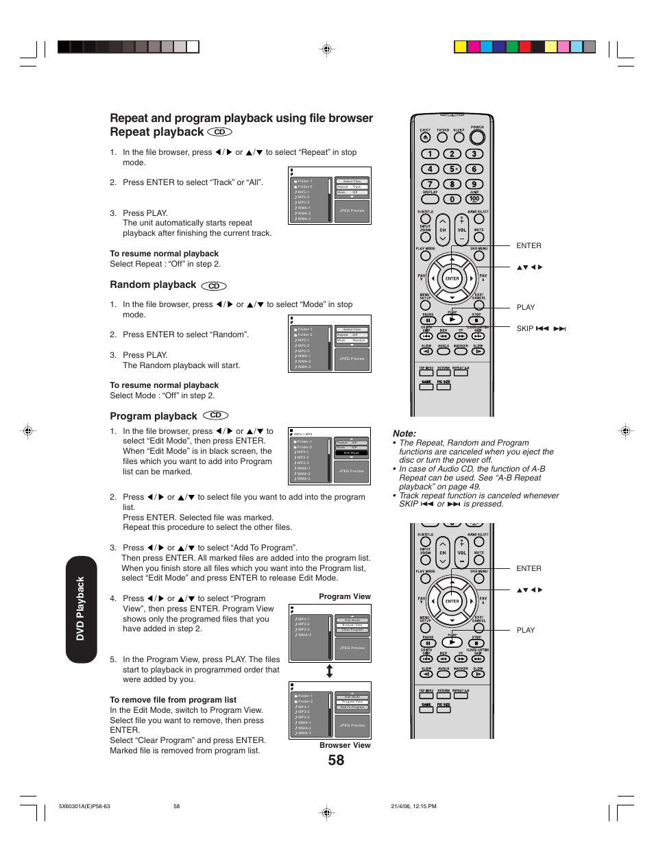 Dvd pla ybac k, Random playback, Program playback | Toshiba Lcd TV/DVD Combination 23HLV86 User Manual | Page 58 / 68