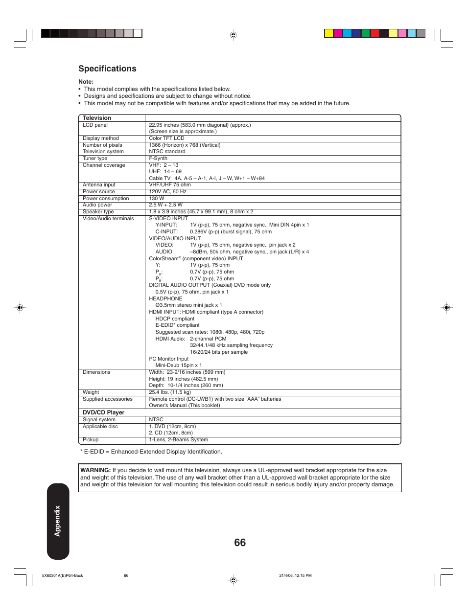 Specifications, Appendix | Toshiba Lcd TV/DVD Combination 23HLV86 User Manual | Page 66 / 68