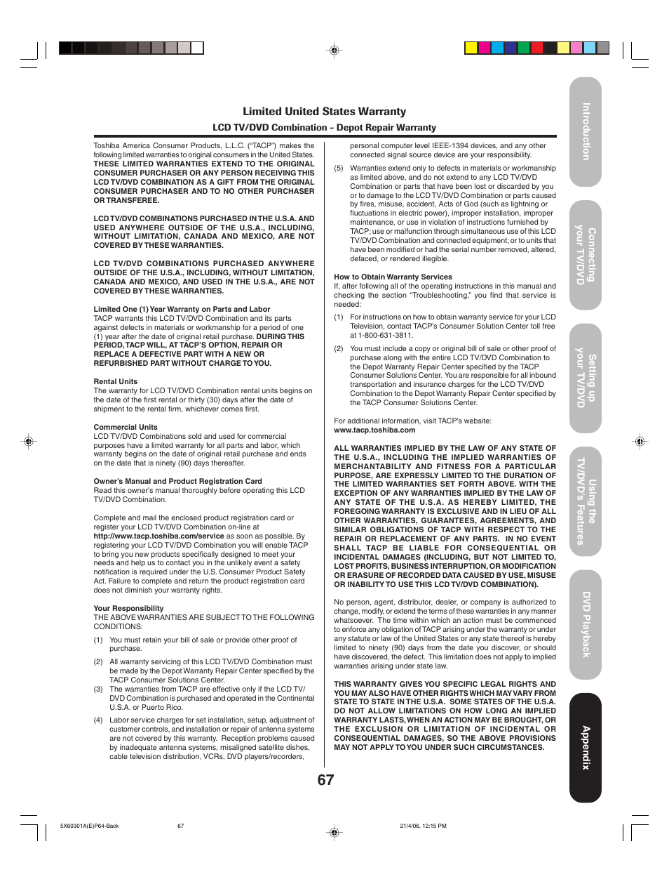 Limited united states warranty | Toshiba Lcd TV/DVD Combination 23HLV86 User Manual | Page 67 / 68