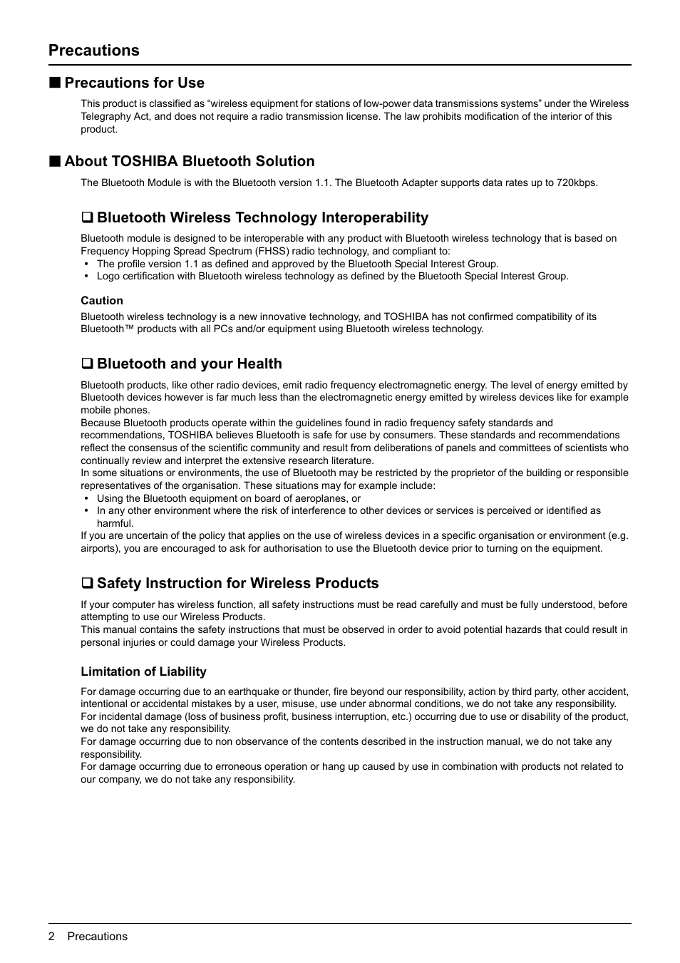 Precautions, Precautions for use, About toshiba bluetooth solution | Bluetooth wireless technology interoperability, Bluetooth and your health, Safety instruction for wireless products, Limitation of liability | Toshiba GN-2010 GN-2010 User Manual | Page 4 / 20