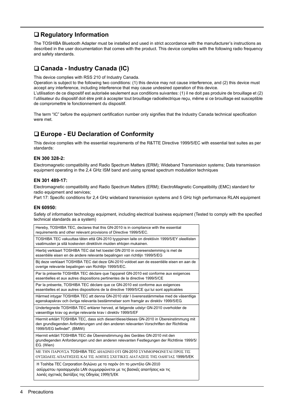 Regulatory information, Canada - industry canada (ic), Europe - eu declaration of conformity | Toshiba GN-2010 GN-2010 User Manual | Page 6 / 20