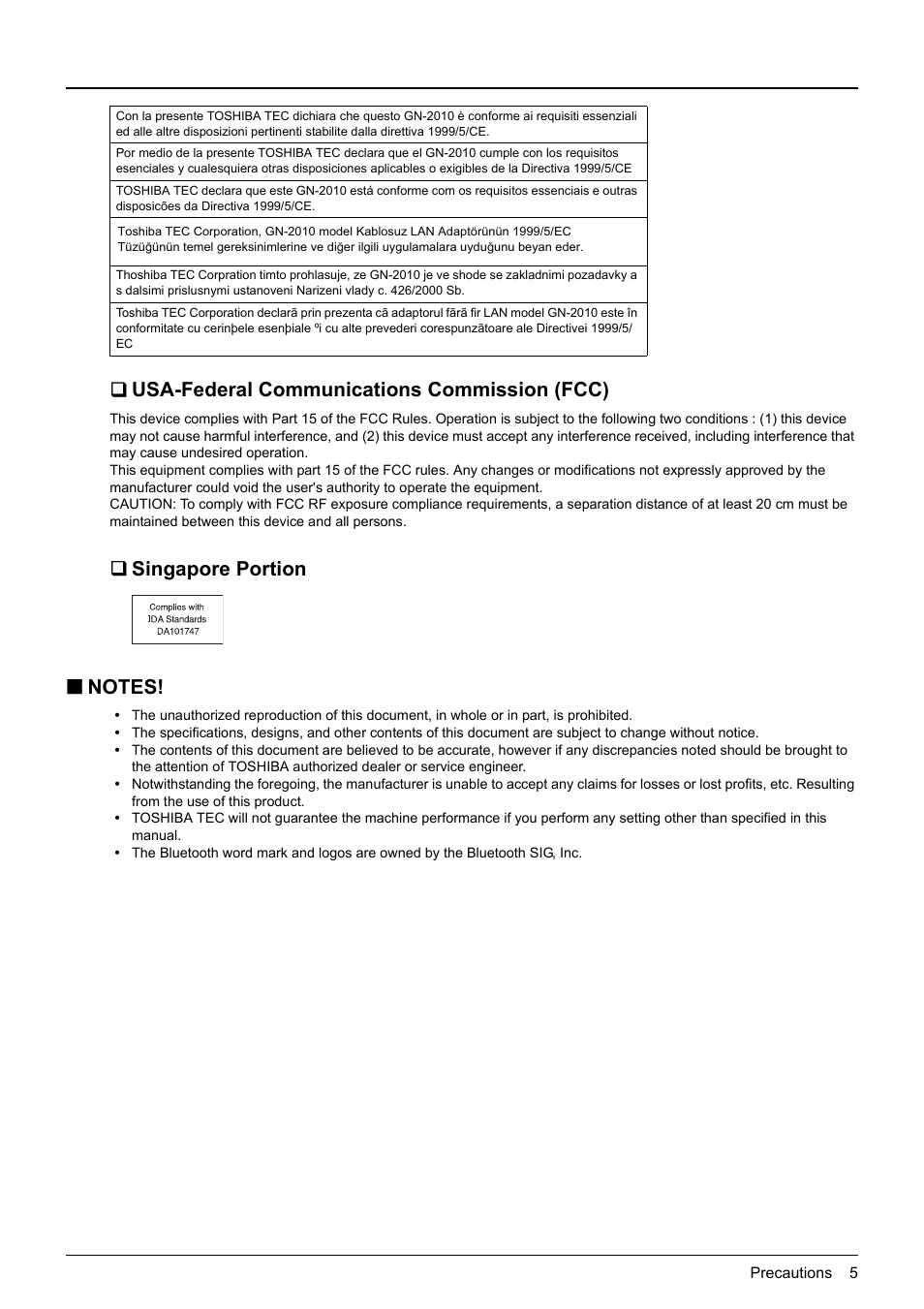 Usa-federal communications commission (fcc), Singapore portion, Notes | Toshiba GN-2010 GN-2010 User Manual | Page 7 / 20