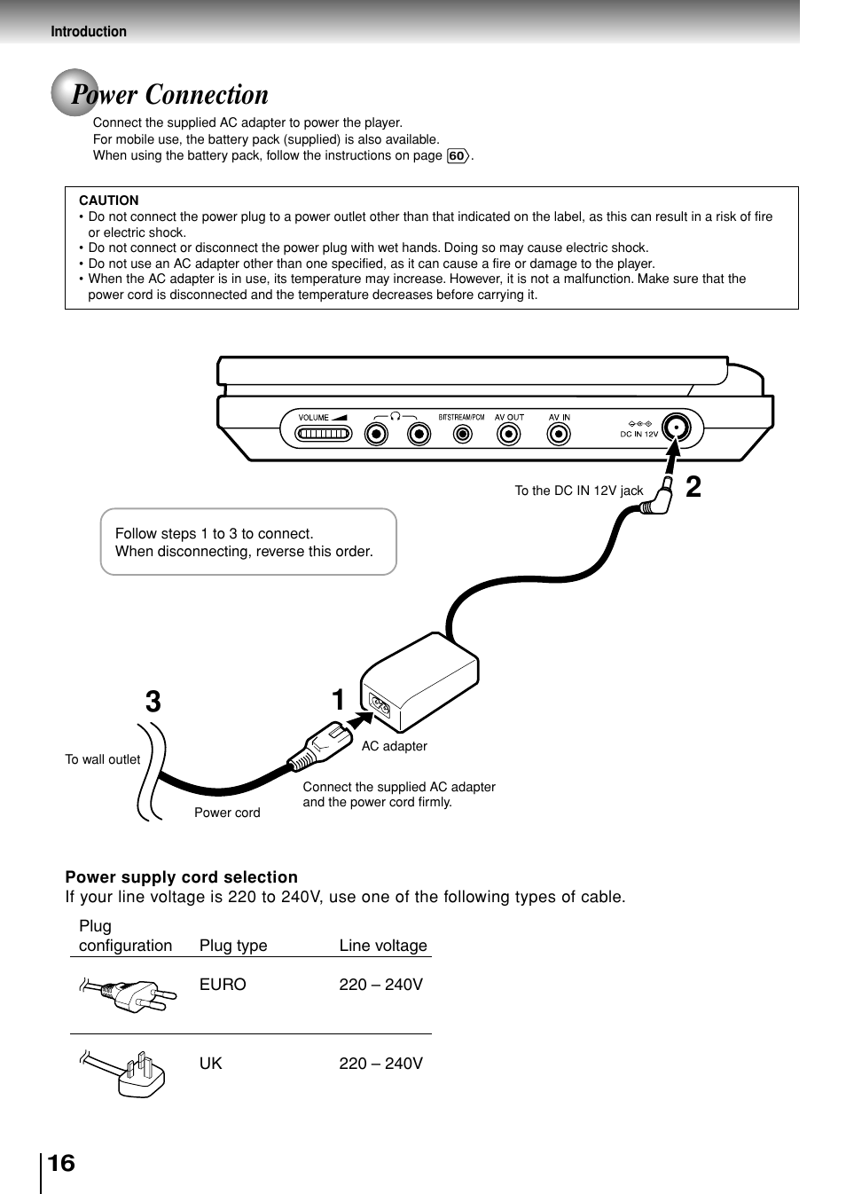 Power connection | Toshiba SD-P1880SE User Manual | Page 16 / 72