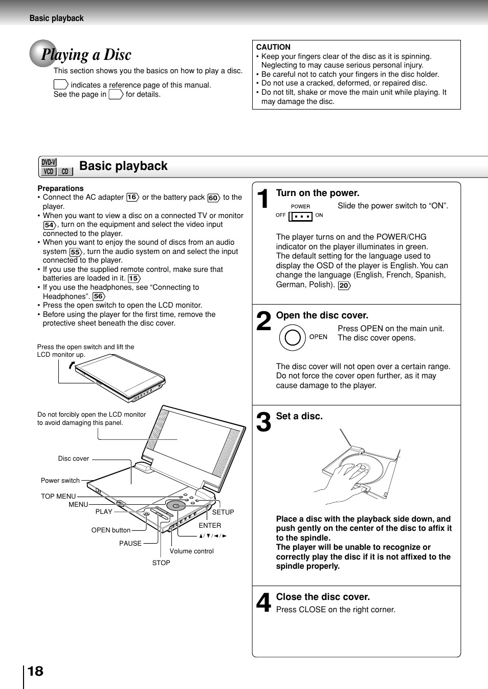 Playing a disc, Basic playback | Toshiba SD-P1880SE User Manual | Page 18 / 72