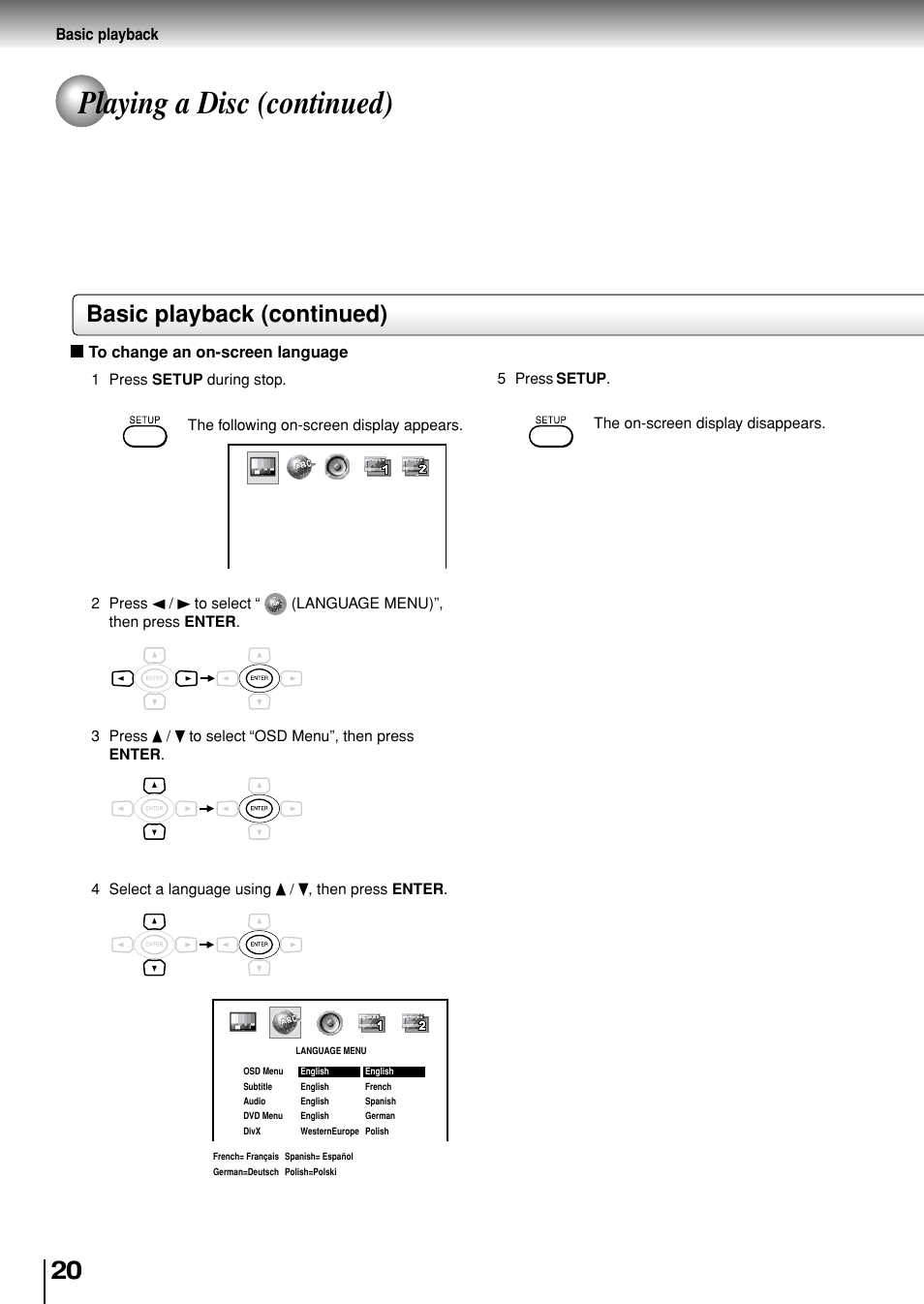 Playing a disc (continued), Basic playback (continued) | Toshiba SD-P1880SE User Manual | Page 20 / 72