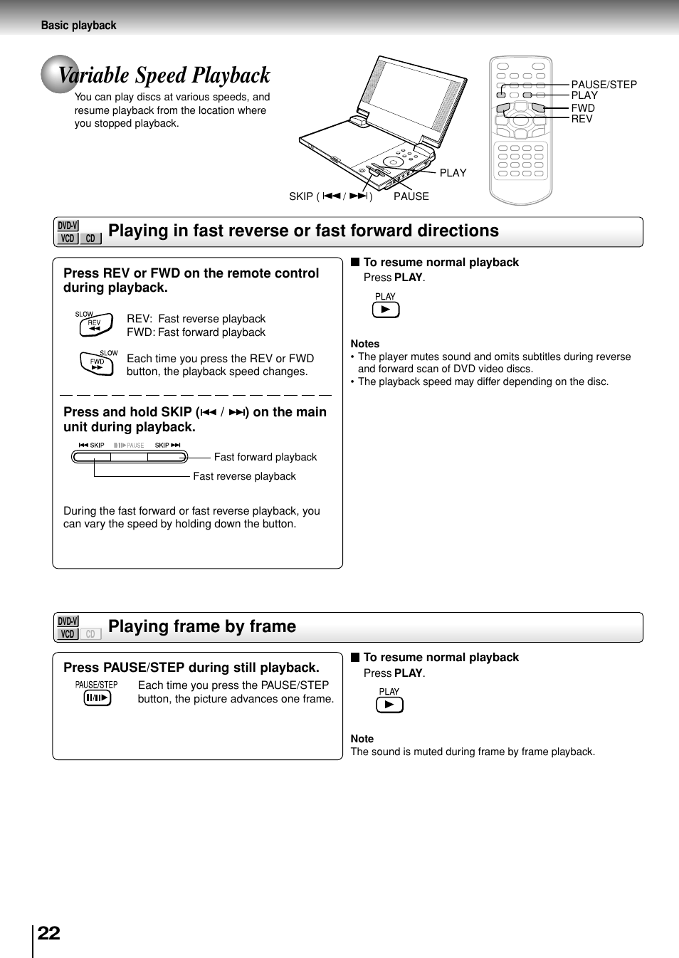 Variable speed playback, Playing frame by frame, Playing in fast reverse or fast forward directions | Toshiba SD-P1880SE User Manual | Page 22 / 72