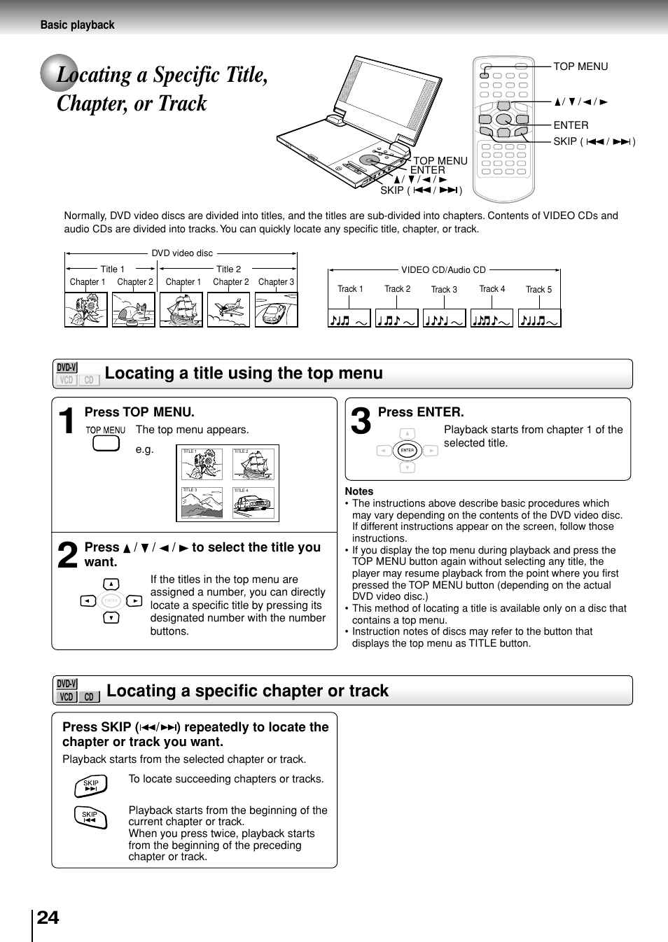 Locating a specific title, chapter, or track, Locating a title using the top menu, Locating a specific chapter or track | Toshiba SD-P1880SE User Manual | Page 24 / 72