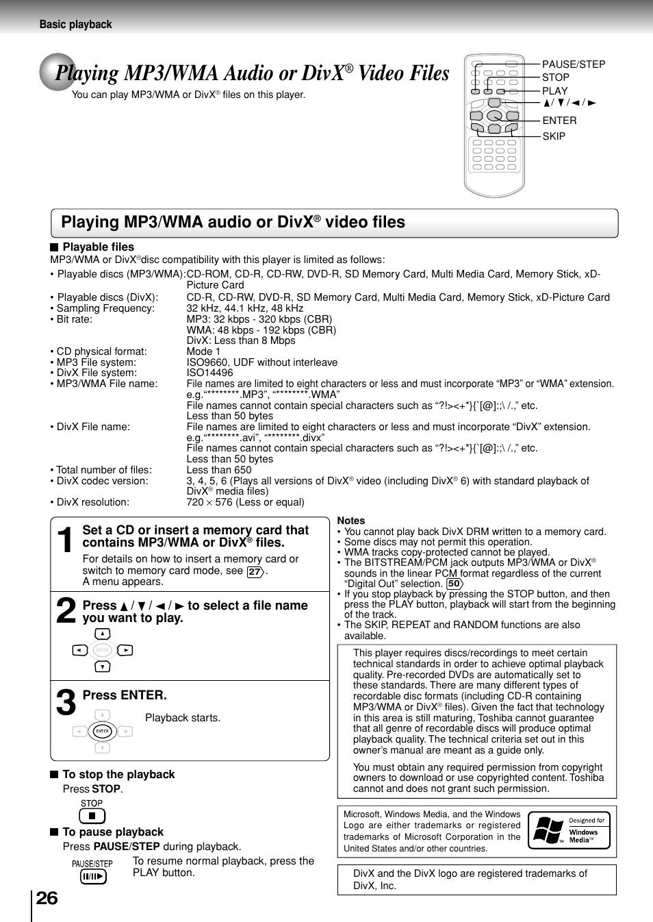 Playing mp3/wma audio or divx, Video files | Toshiba SD-P1880SE User Manual | Page 26 / 72