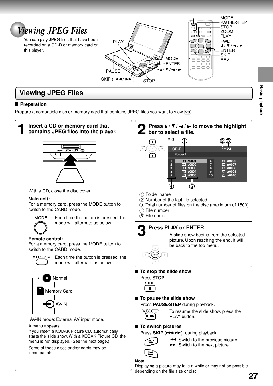 Viewing jpeg files | Toshiba SD-P1880SE User Manual | Page 27 / 72