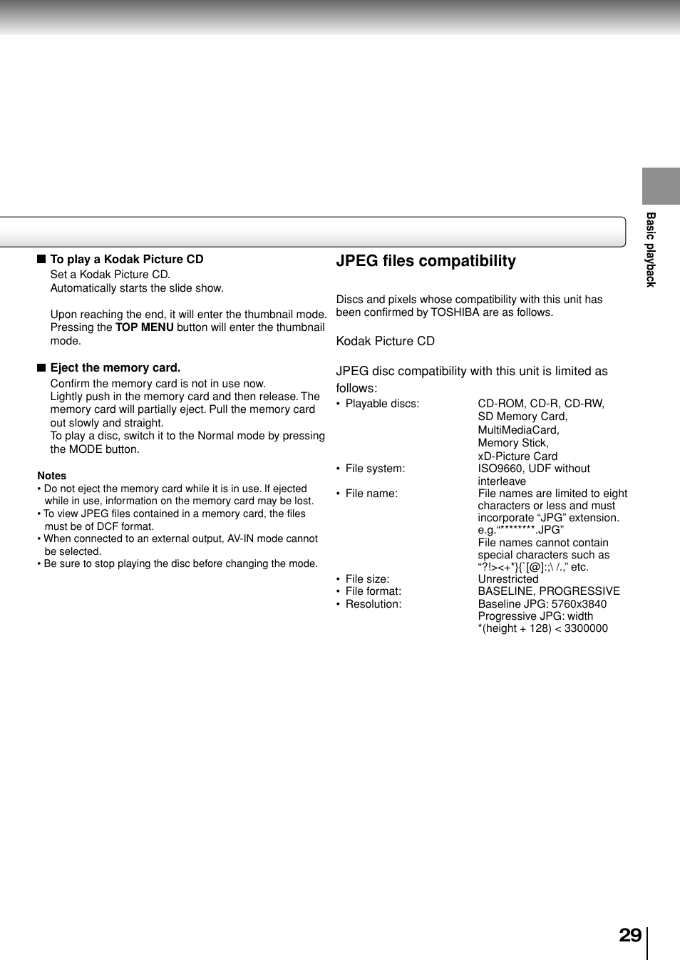 Jpeg files compatibility | Toshiba SD-P1880SE User Manual | Page 29 / 72