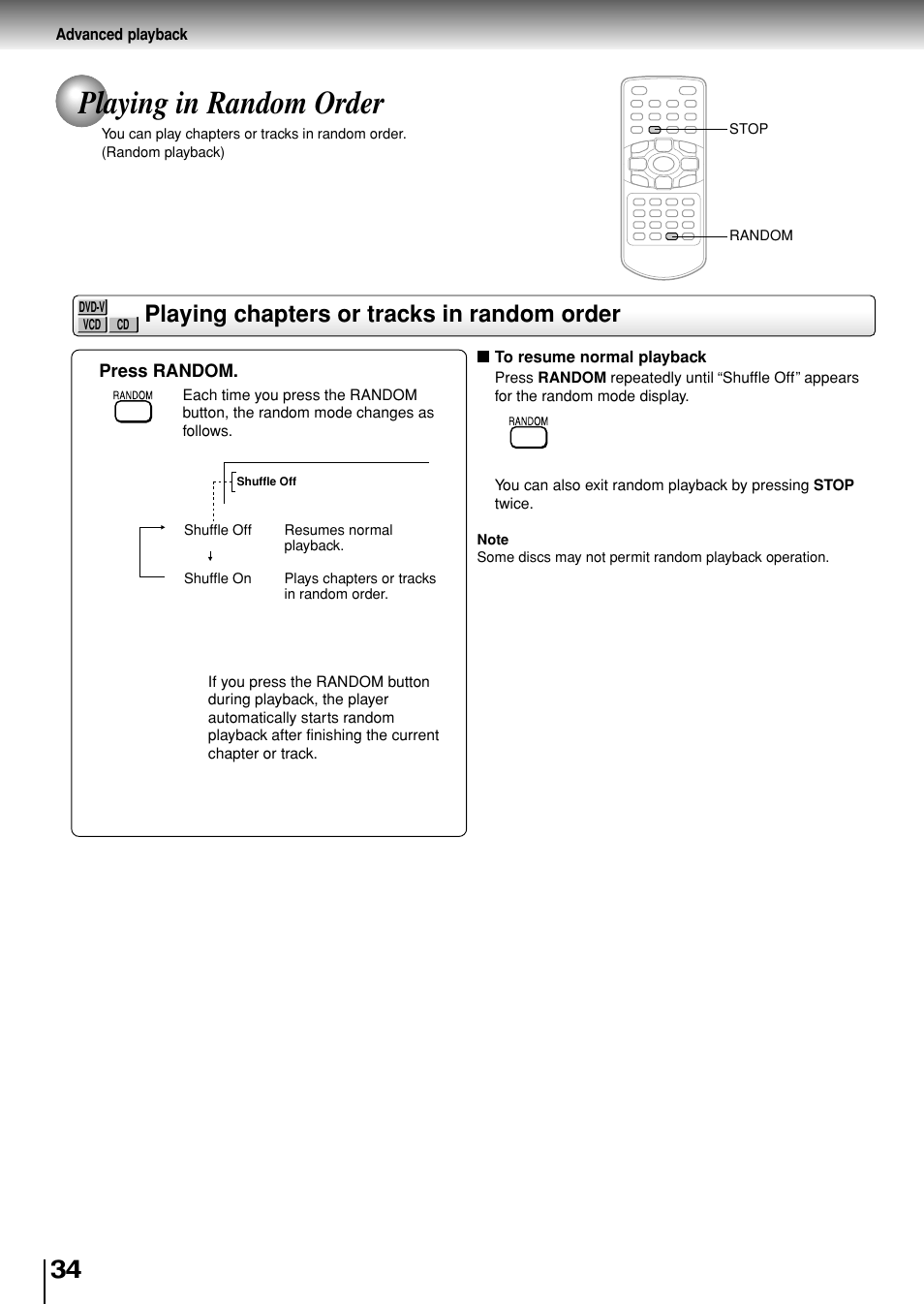 Playing in random order, Playing chapters or tracks in random order | Toshiba SD-P1880SE User Manual | Page 34 / 72