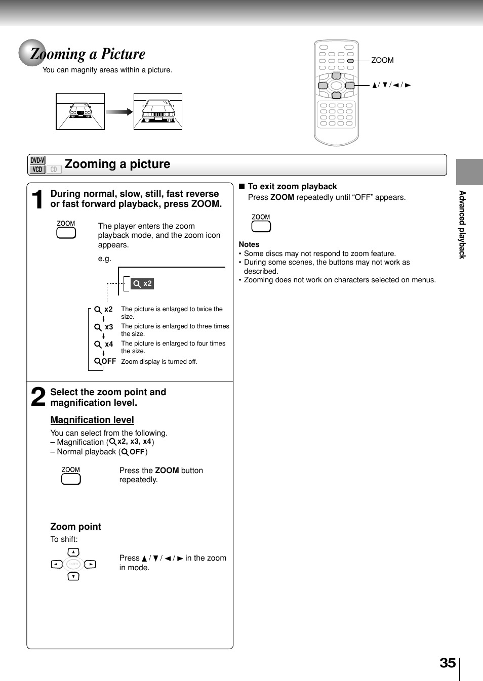 Zooming a picture | Toshiba SD-P1880SE User Manual | Page 35 / 72