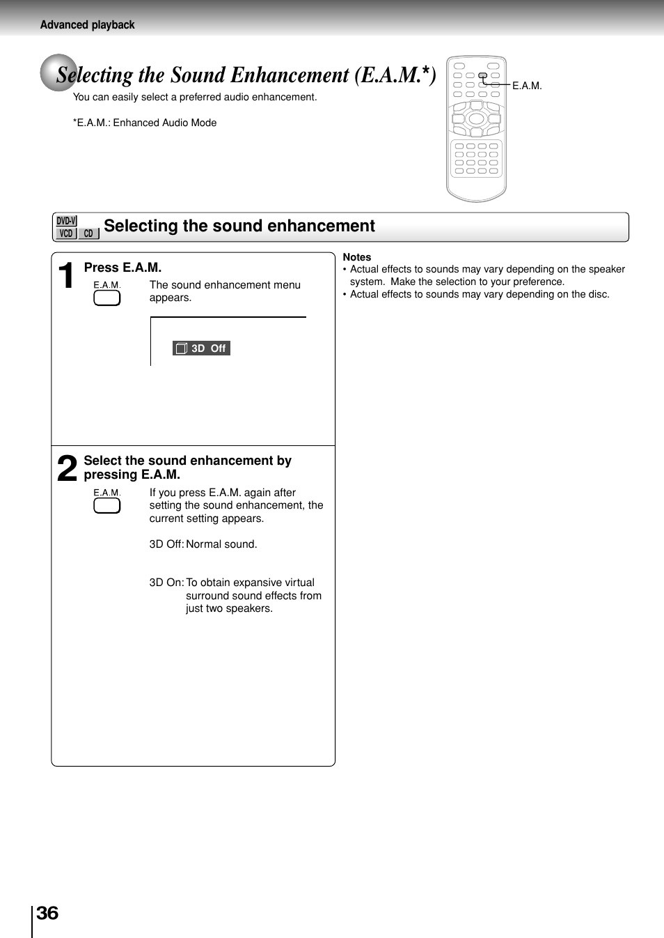 Selecting the sound enhancement (e.a.m. * ), Selecting the sound enhancement | Toshiba SD-P1880SE User Manual | Page 36 / 72