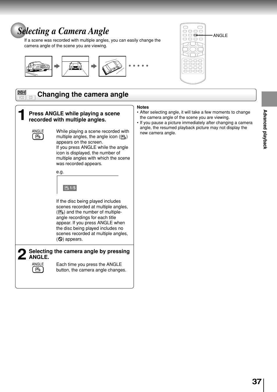 Selecting a camera angle, Changing the camera angle | Toshiba SD-P1880SE User Manual | Page 37 / 72