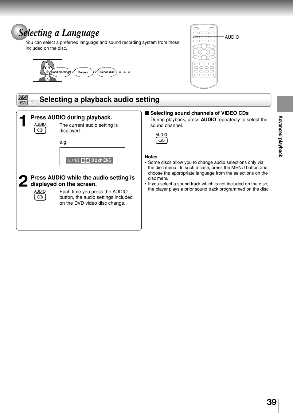 Selecting a language, Selecting a playback audio setting | Toshiba SD-P1880SE User Manual | Page 39 / 72