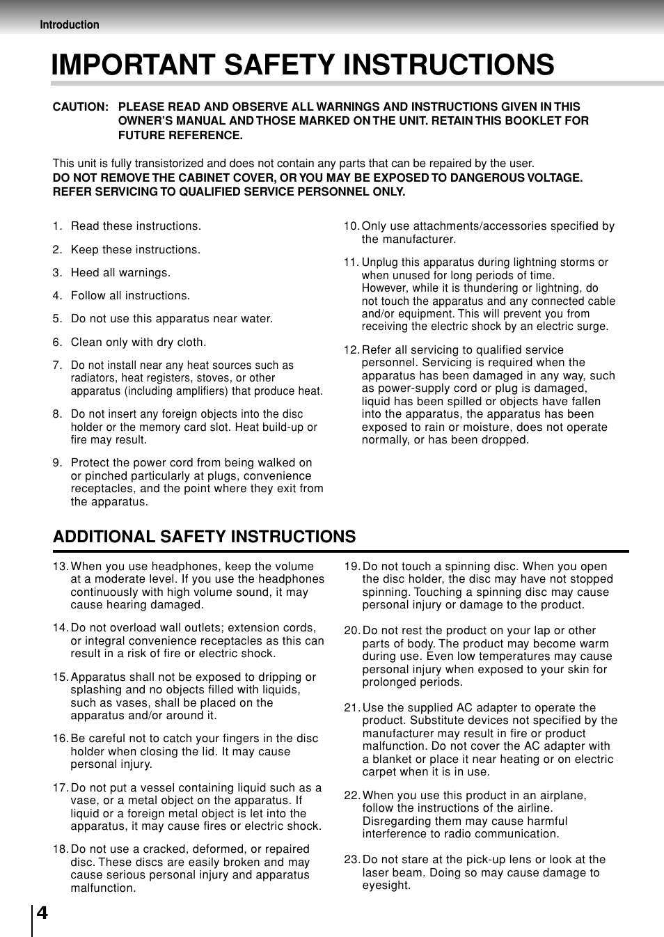 Important safety instructions, Additional safety instructions | Toshiba SD-P1880SE User Manual | Page 4 / 72