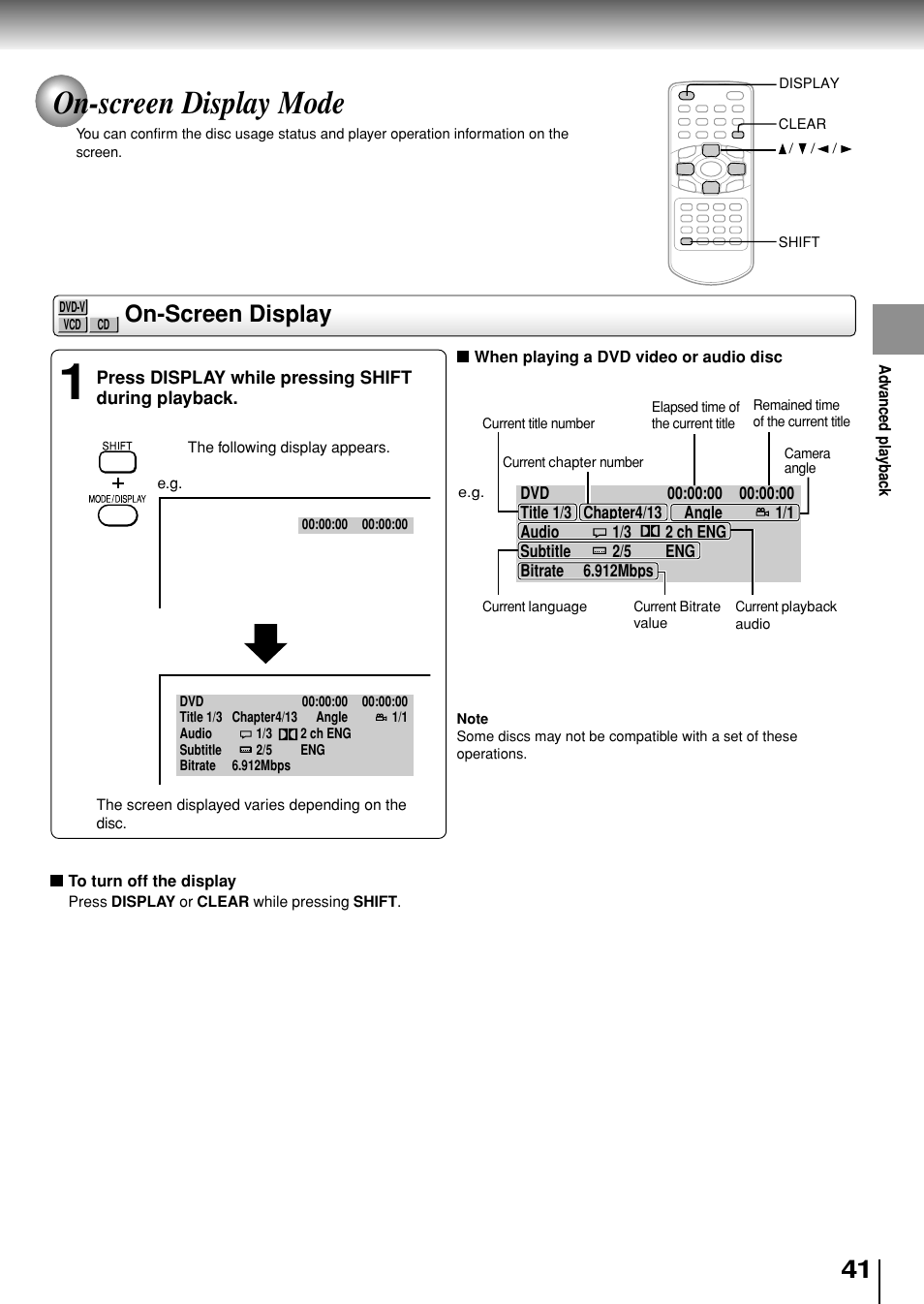 On-screen display mode, On-screen display | Toshiba SD-P1880SE User Manual | Page 41 / 72