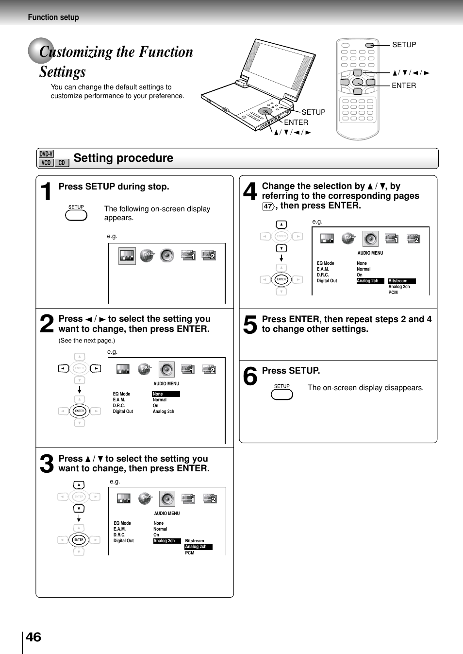 Customizing the function settings, Setting procedure | Toshiba SD-P1880SE User Manual | Page 46 / 72