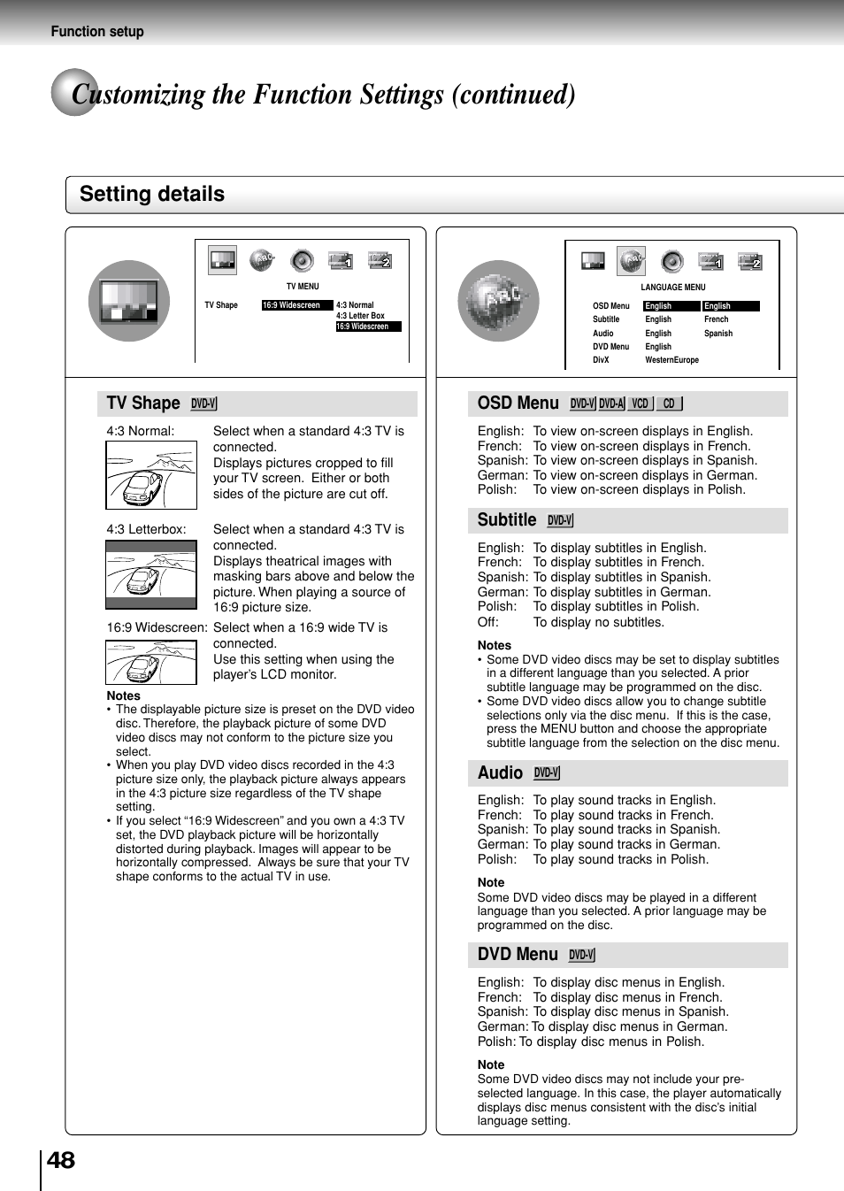 Customizing the function settings (continued), Setting details, Osd menu | Subtitle, Audio, Dvd menu, Tv shape | Toshiba SD-P1880SE User Manual | Page 48 / 72