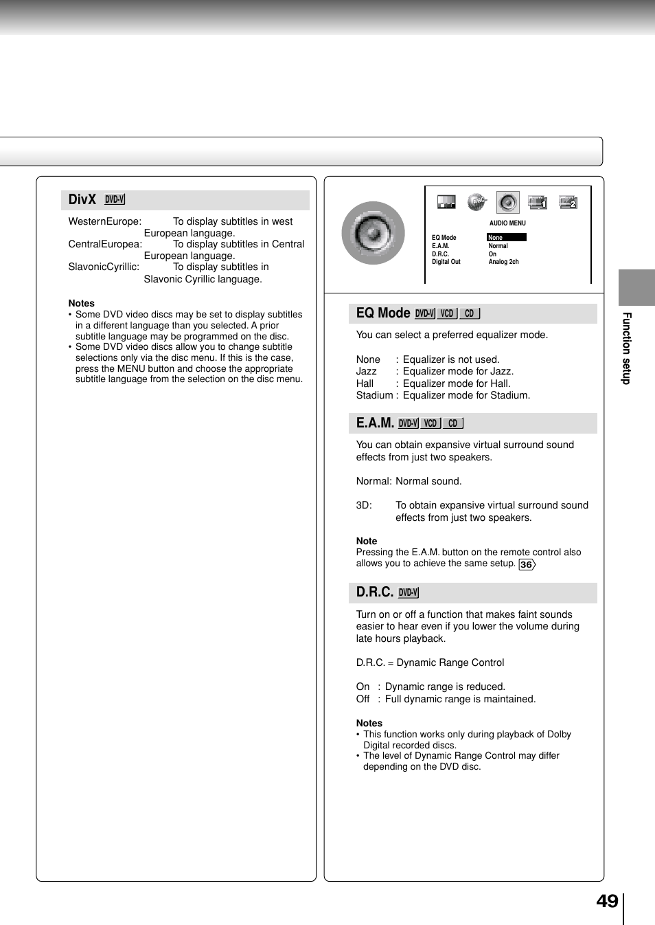 Eq mode, E.a.m, D.r.c | Divx | Toshiba SD-P1880SE User Manual | Page 49 / 72