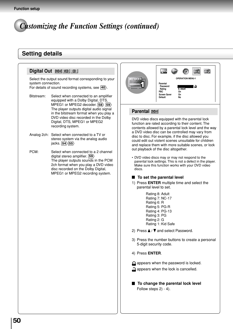 Customizing the function settings (continued), Setting details, Parental | Digital out | Toshiba SD-P1880SE User Manual | Page 50 / 72