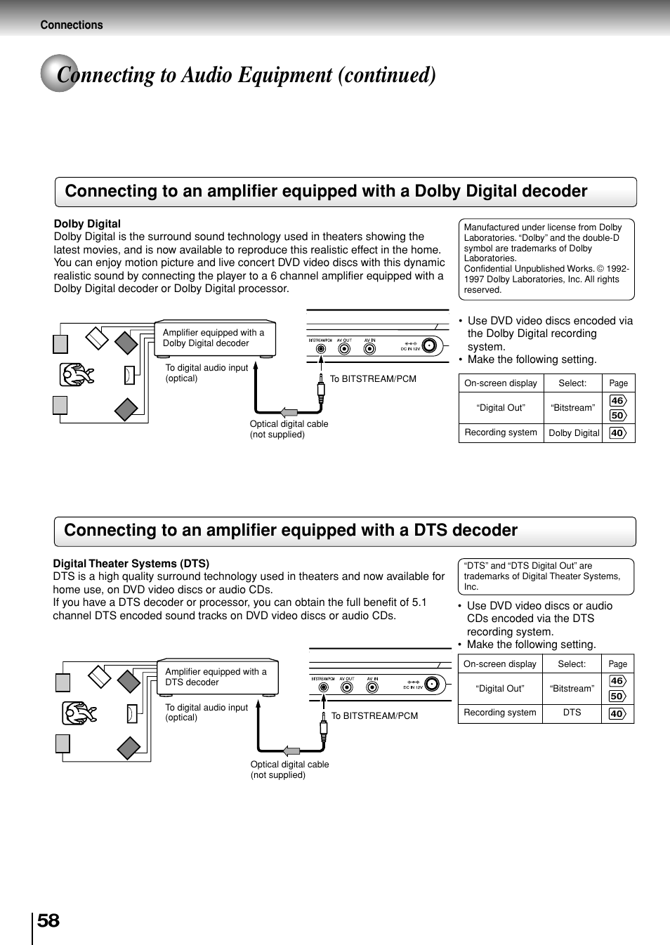 Connecting to audio equipment (continued) | Toshiba SD-P1880SE User Manual | Page 58 / 72