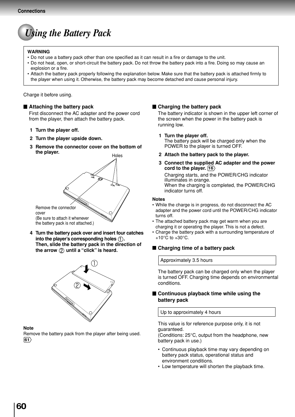 Using the battery pack | Toshiba SD-P1880SE User Manual | Page 60 / 72