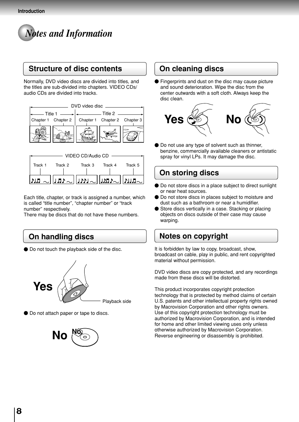 Yes no, Structure of disc contents, On handling discs | On cleaning discs, On storing discs | Toshiba SD-P1880SE User Manual | Page 8 / 72