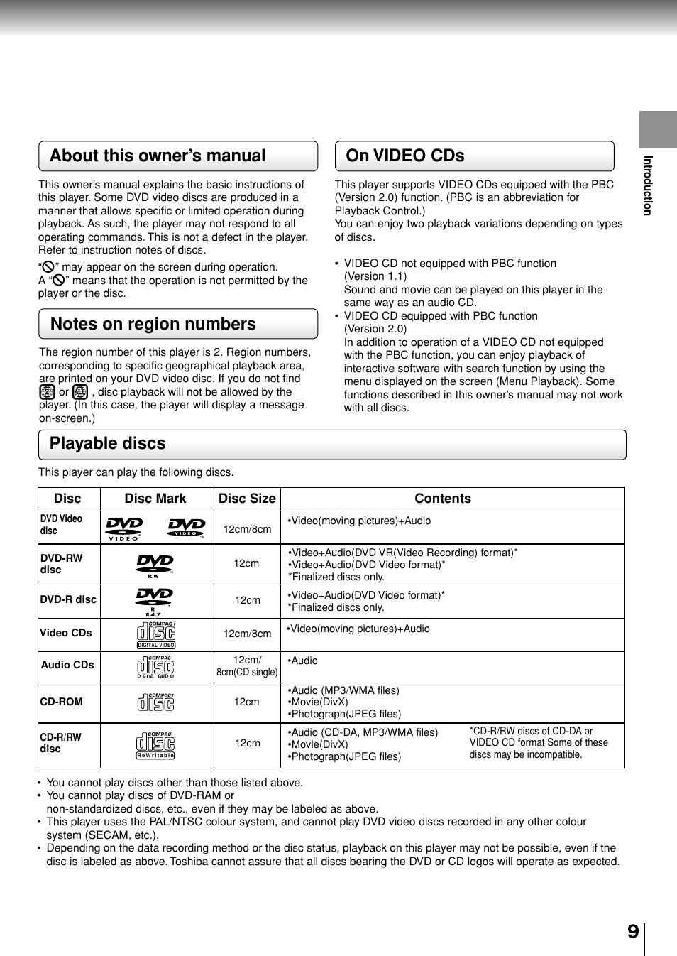 Playable discs, About this owner’s manual, On video cds | Toshiba SD-P1880SE User Manual | Page 9 / 72