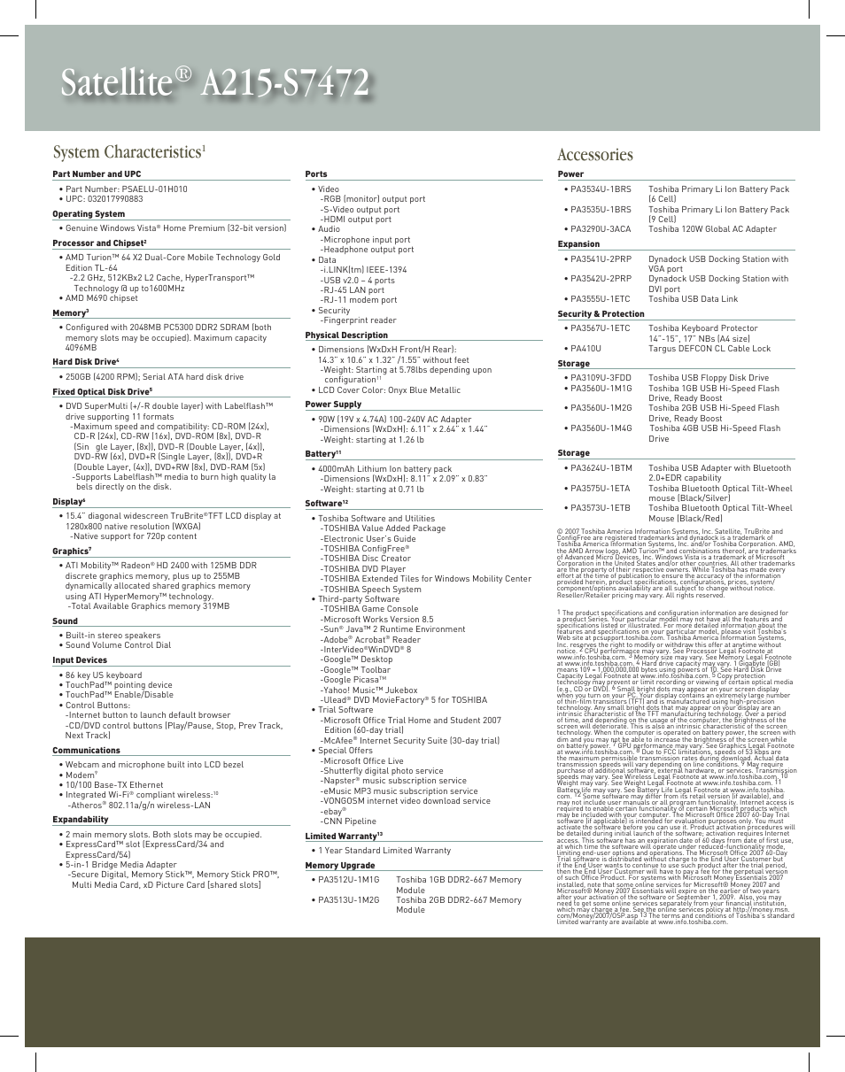 Satellite, System characteristics, Accessories | Toshiba A215-S7472 User Manual | Page 2 / 2