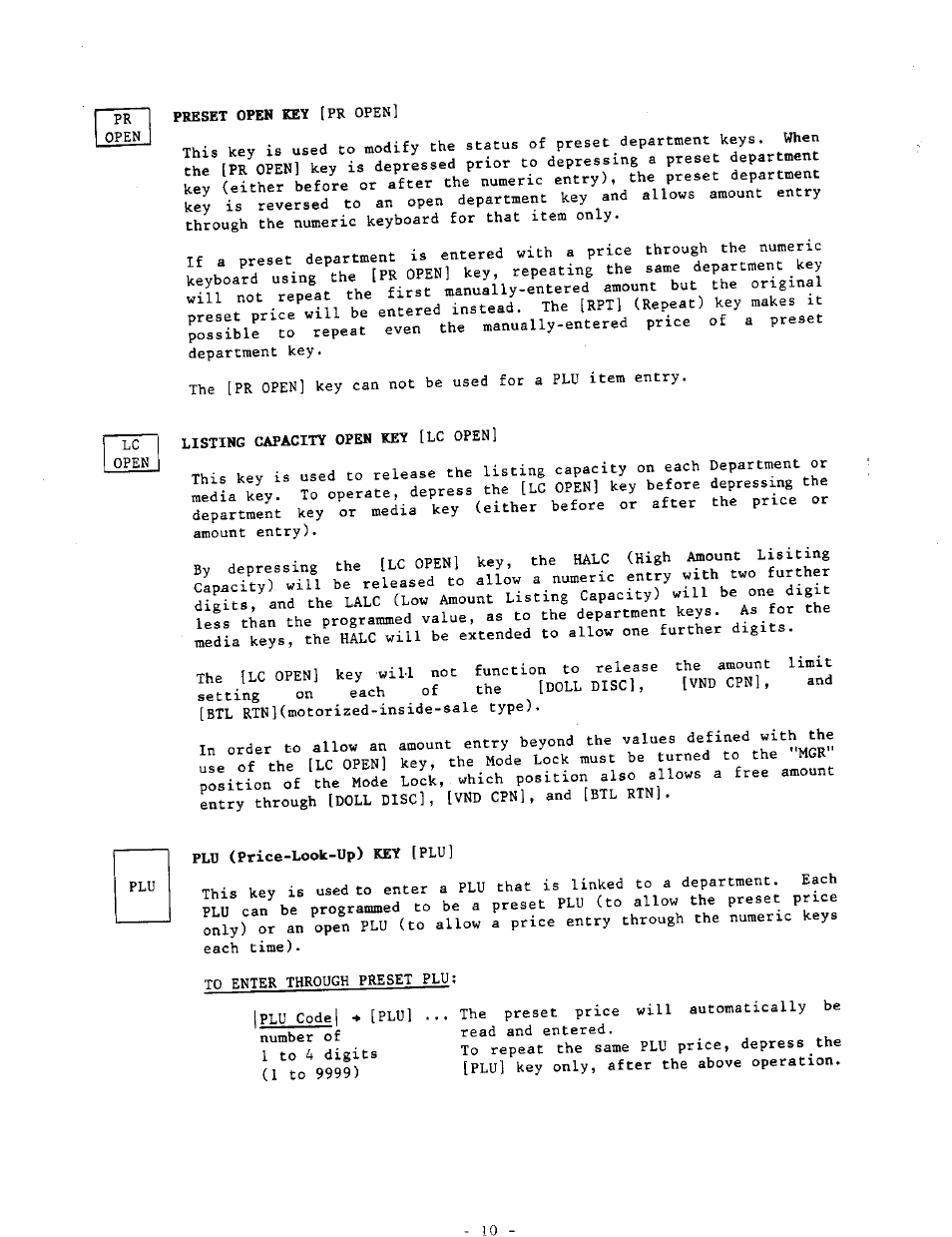 Listing capacity open key [lc open, Pld (price-look-up) key [plu | Toshiba MA-290-100 SERIES User Manual | Page 14 / 84