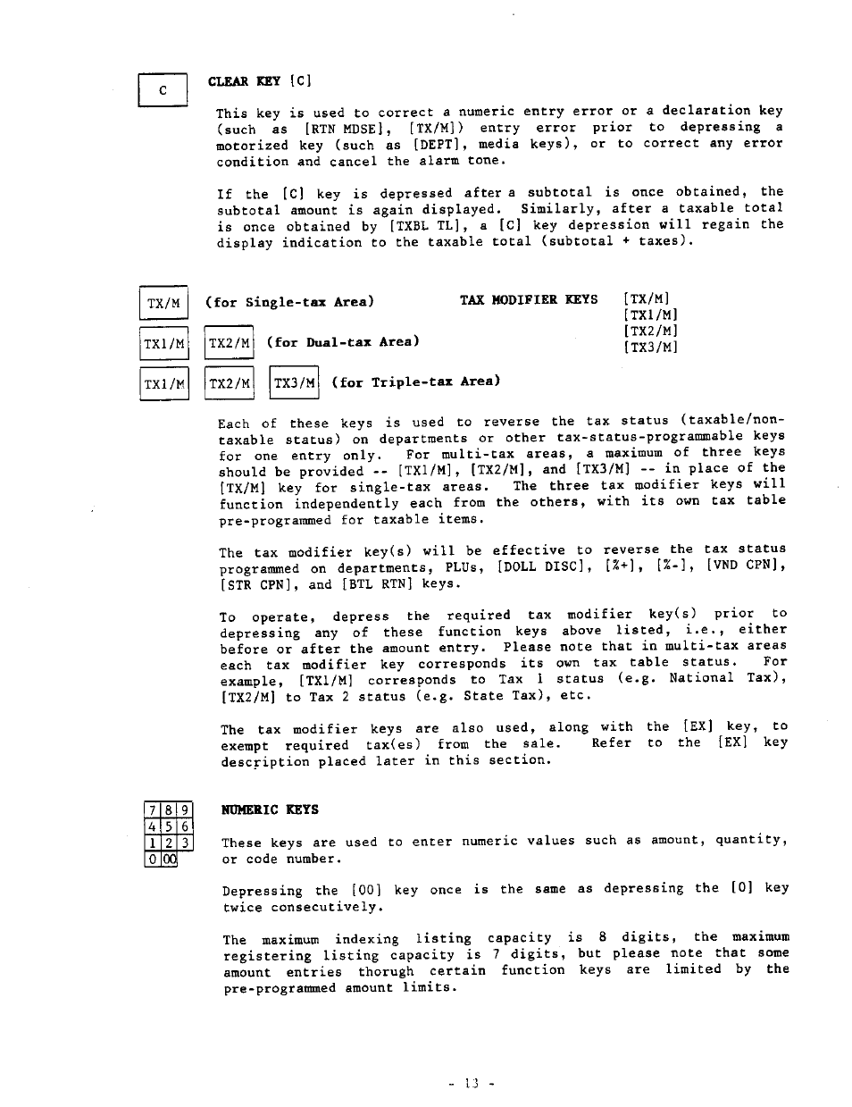 Clear key [c, For single-tax area), For dual-tax area) | For triple-tax area), Tax modifier keys [tx/m, Hdheric keys | Toshiba MA-290-100 SERIES User Manual | Page 17 / 84