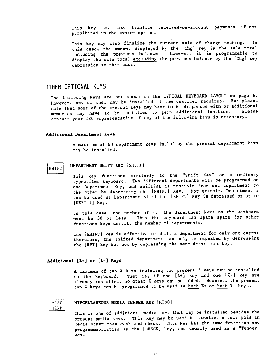 Other optional keys, Additional department keys, Department shift key [shift | Additional [x+] or [z-] keys, Miscellaneous media tender key [misc | Toshiba MA-290-100 SERIES User Manual | Page 25 / 84