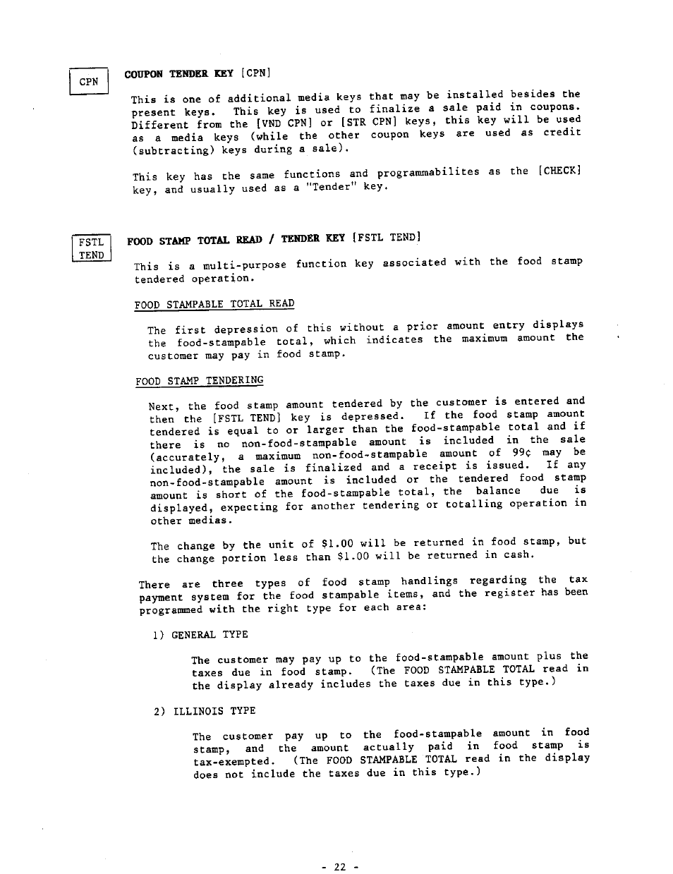 Coupon tender key [cpn, Food stamp total read / tender key [fstl tend | Toshiba MA-290-100 SERIES User Manual | Page 26 / 84