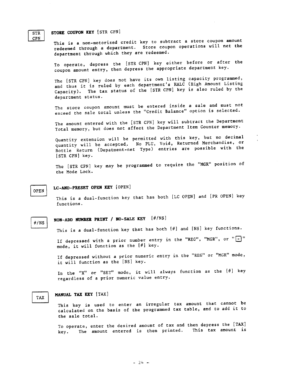 Lc-and-preset open key [open, Non-add number print / ko-sale key [#/ns, Manual tax key [tax | Toshiba MA-290-100 SERIES User Manual | Page 28 / 84
