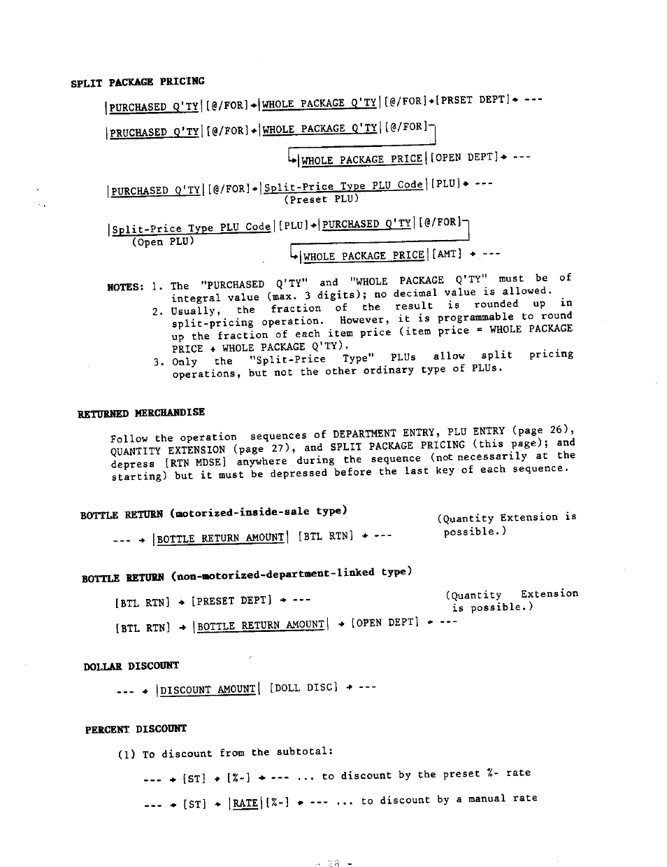 Split package pricing, Returned merchandise, Bottle return (motorized-inside-sale type) | Dollar discount, Percent discount | Toshiba MA-290-100 SERIES User Manual | Page 32 / 84