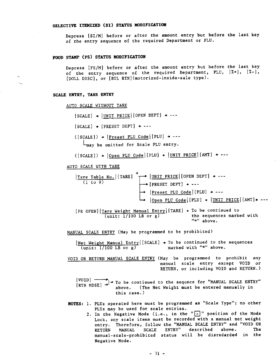 Selective itemized (si) status modification, Food stamp (fs) status modification, Scale entry, tare entry | Toshiba MA-290-100 SERIES User Manual | Page 35 / 84