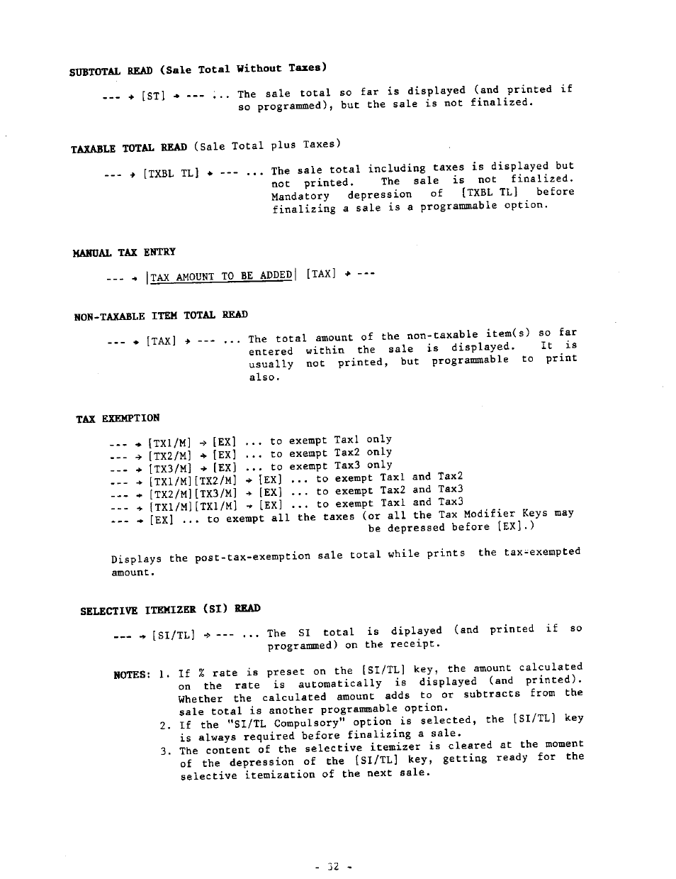 Mahoal tax entry, Tax exemption, Selective itemizer (sx) read | Toshiba MA-290-100 SERIES User Manual | Page 36 / 84