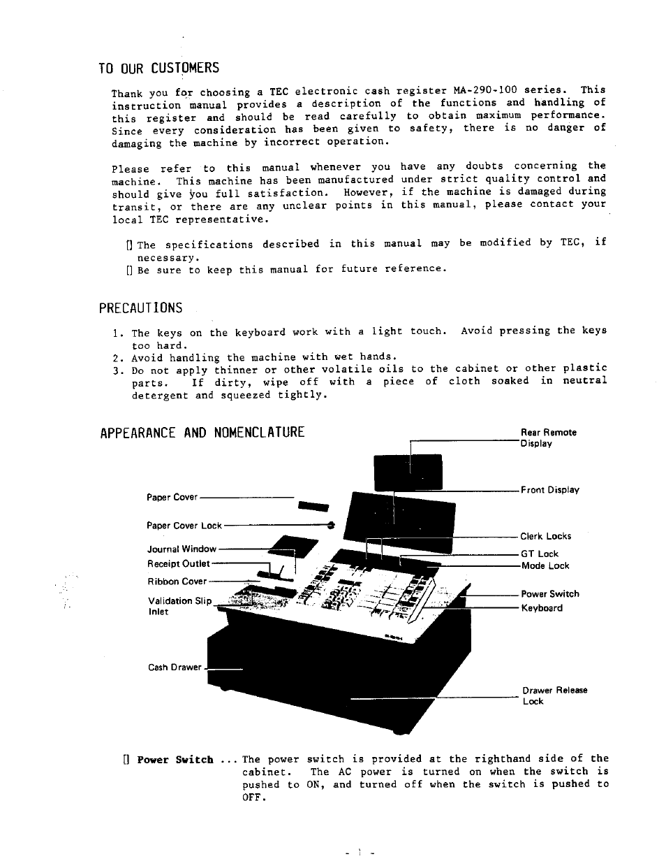 To our customers, Precautions, Appearance and nomenclature | Toshiba MA-290-100 SERIES User Manual | Page 5 / 84